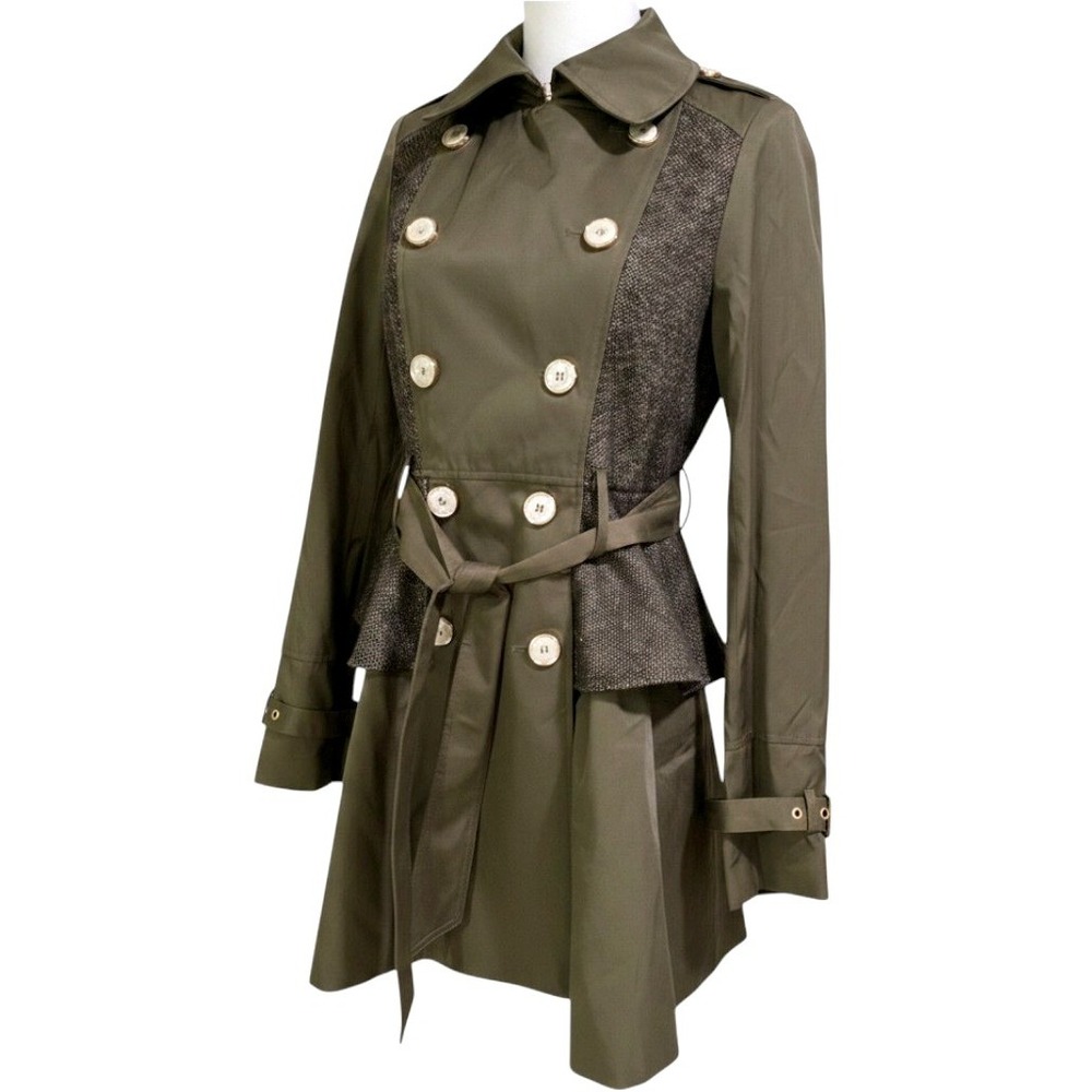 Steve Madden Trench Coat Womens Small Olive Green Tweed Mixed Media Peplum